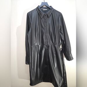 Chic DEX Black Faux Leather Collared Mini Shirt Dress 1X